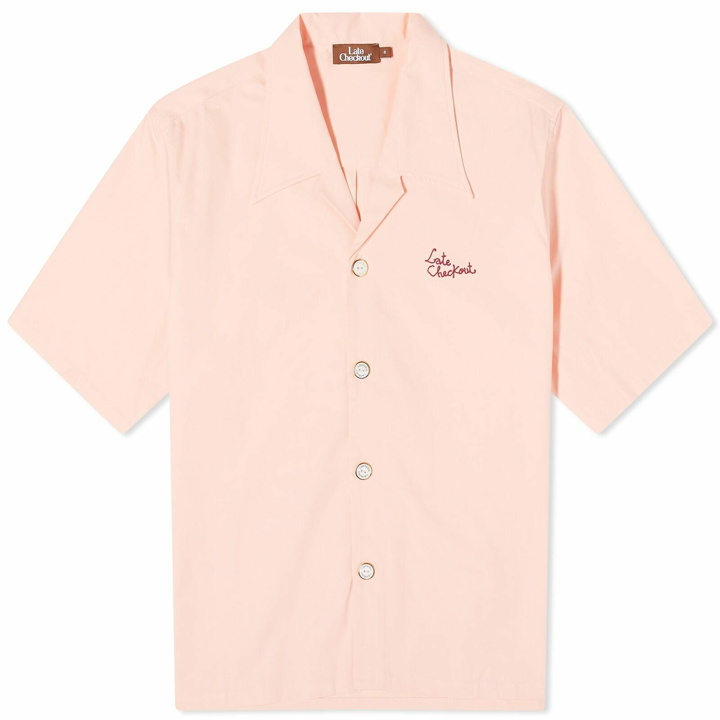Photo: Late Checkout Embroidered Vacation Shirt in Pink