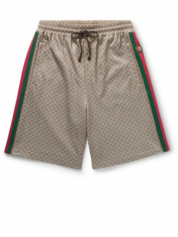 Photo: GUCCI - Wide-Leg Striped Monogrammed Tech-Jersey Drawstring Shorts - Brown