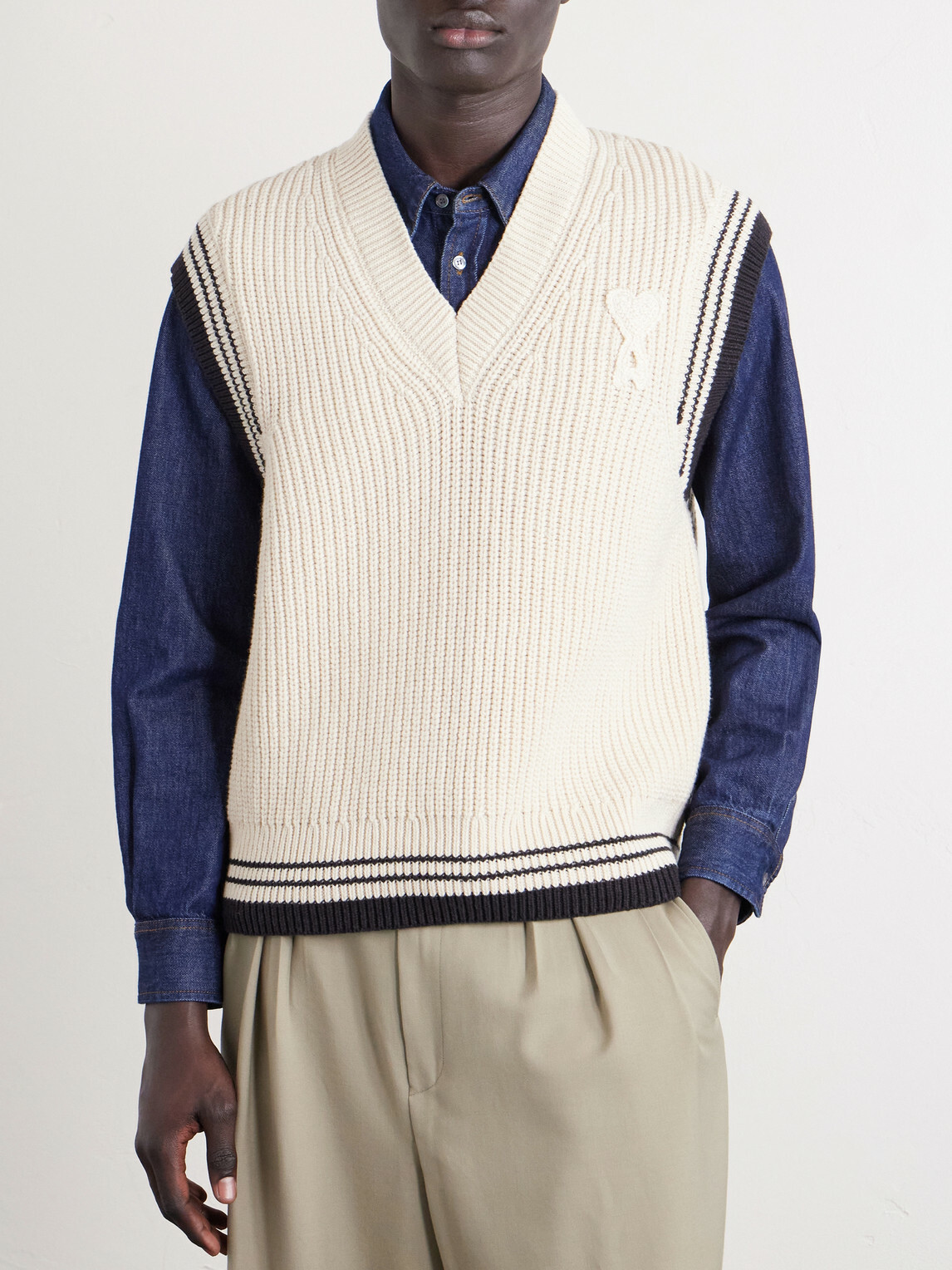 AMI PARIS - Logo-Appliquéd Striped Ribbed Wool and Cotton-Blend Vest - White