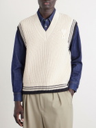 AMI PARIS - Logo-Appliquéd Striped Ribbed Wool and Cotton-Blend Vest - White