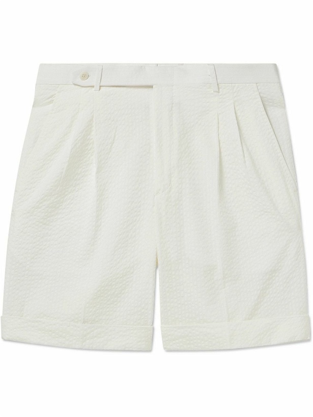 Photo: Brioni - Straight-Leg Pleated Cotton-Seersucker Shorts - White