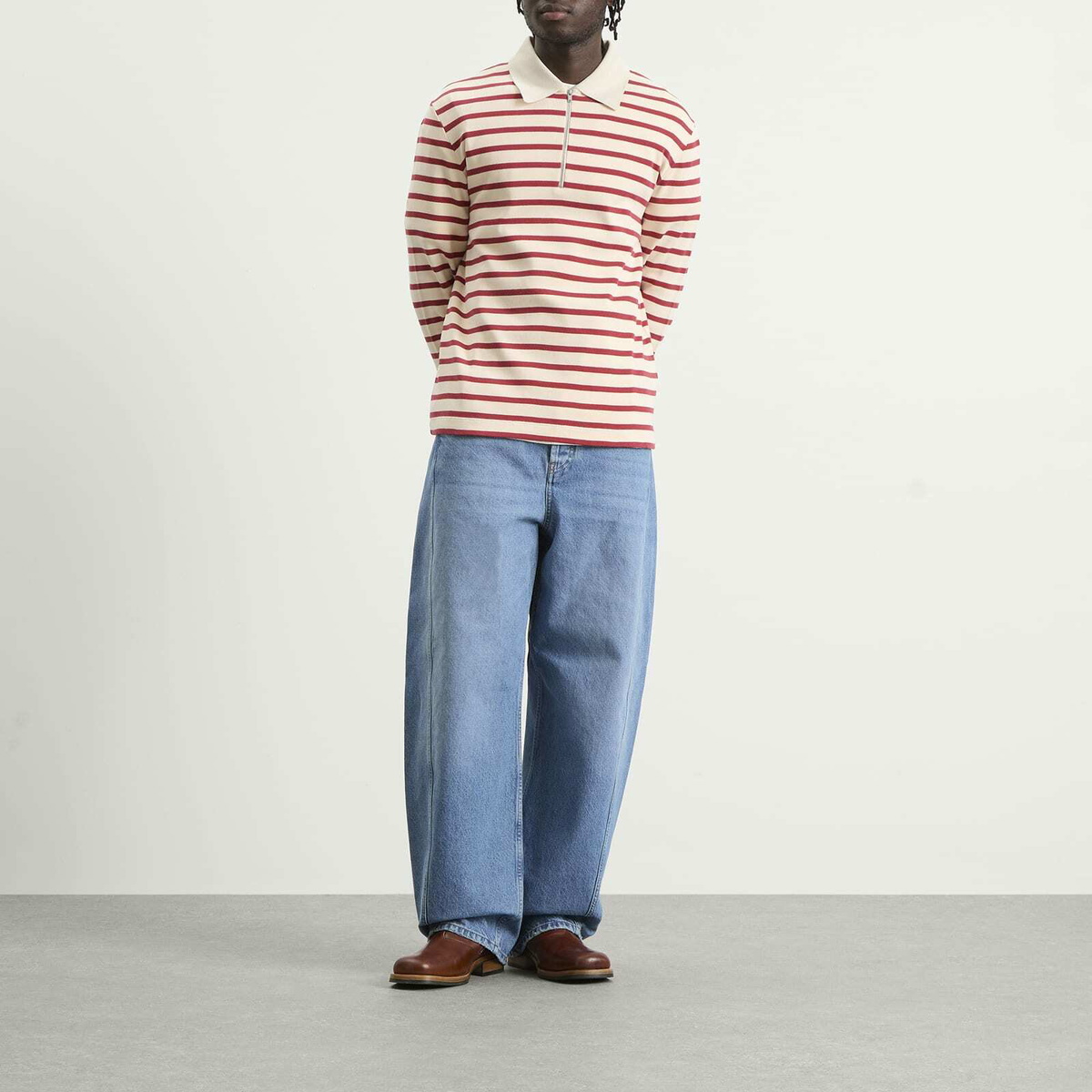 Jil Sander Men's Stripe Long Sleeve Polo in Salty Red