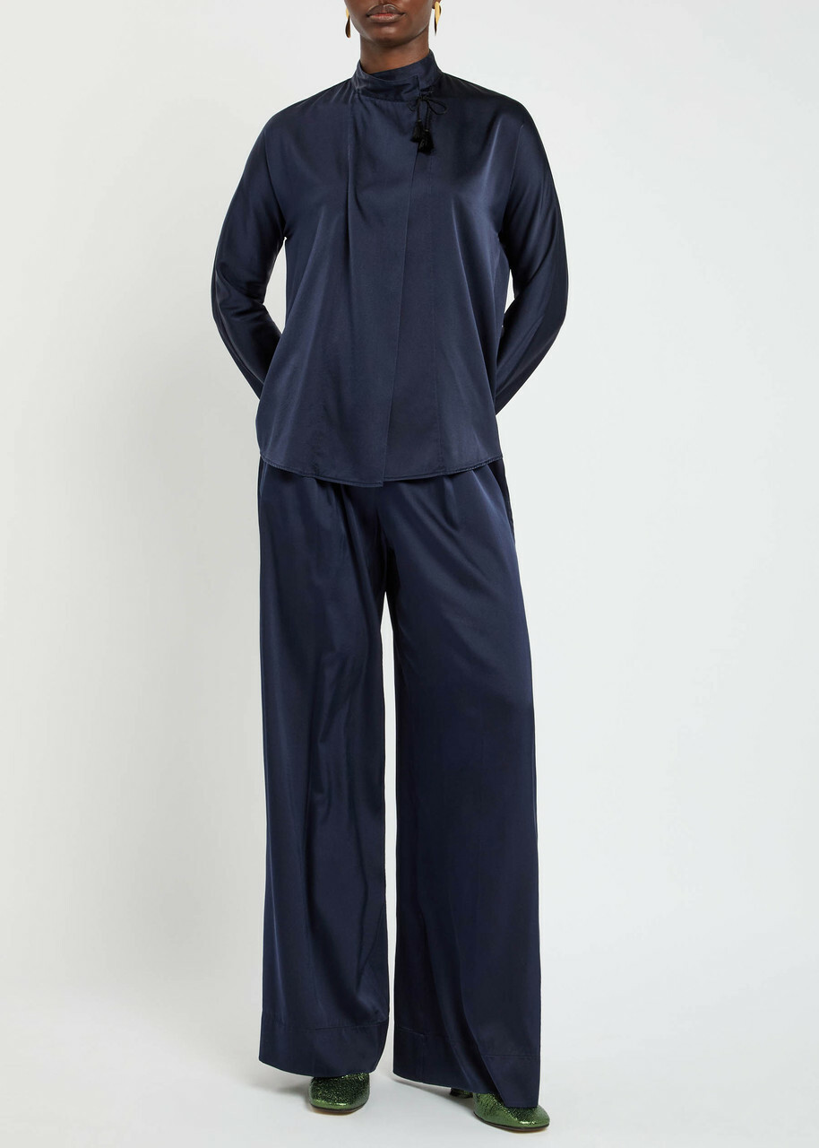 Forte_forte Wrap-front Stretch-silk Blouse Dark Blue