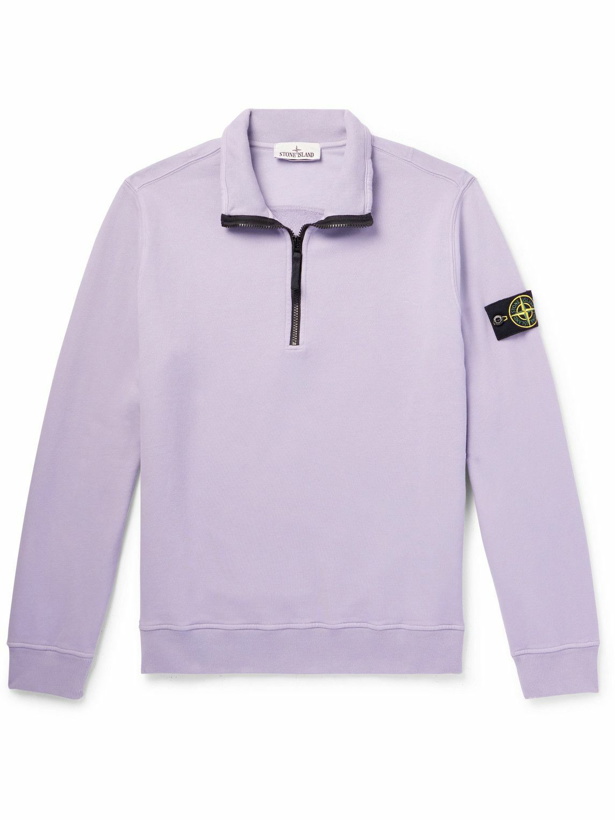 Photo: Stone Island - Logo-Appliquéd Garment-Dyed Cotton-Jersey Half-Zip Sweatshirt - Purple