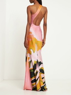 LOUISA BALLOU Plunge Printed Satin Silk Long Dress