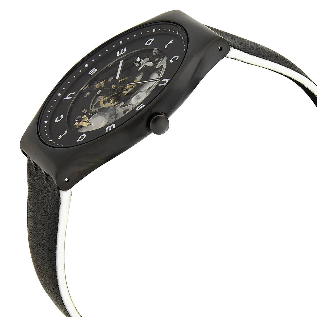 Swatch White Side Quartz Black Skeleton Dial Mens Watch SS07B101
