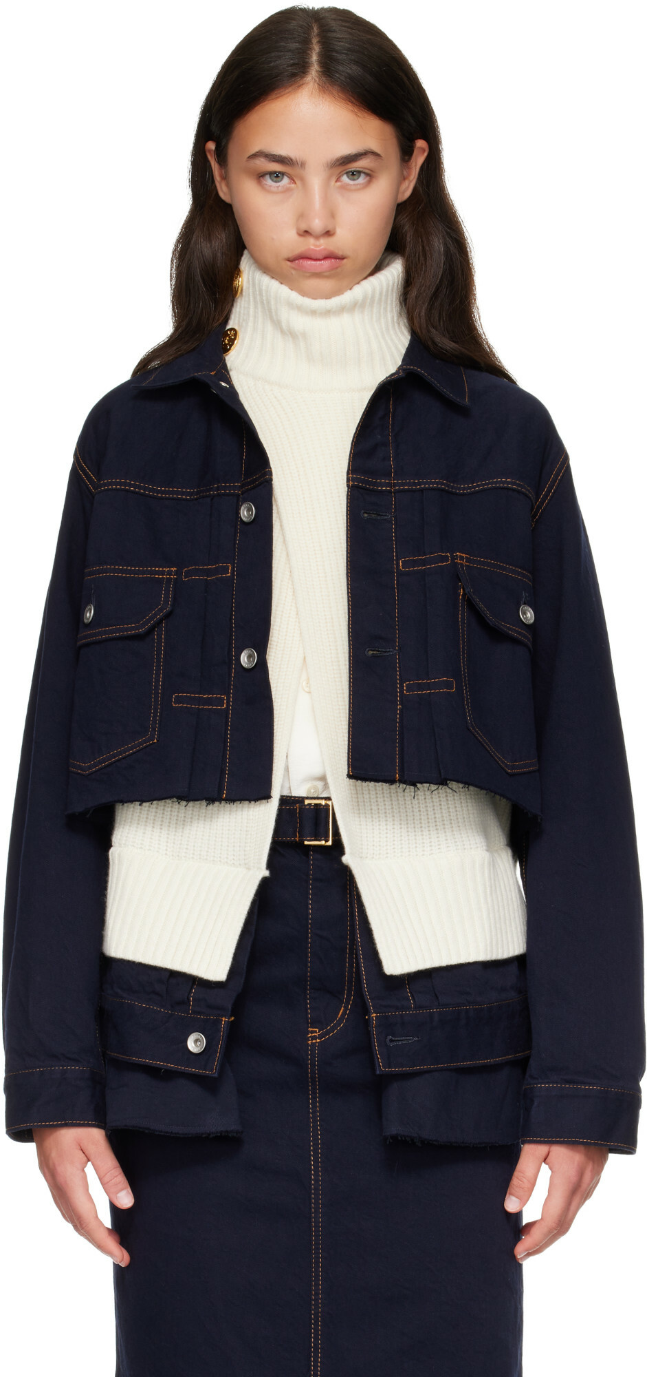 sacai Navy & White Wool Knit x Denim Jacket