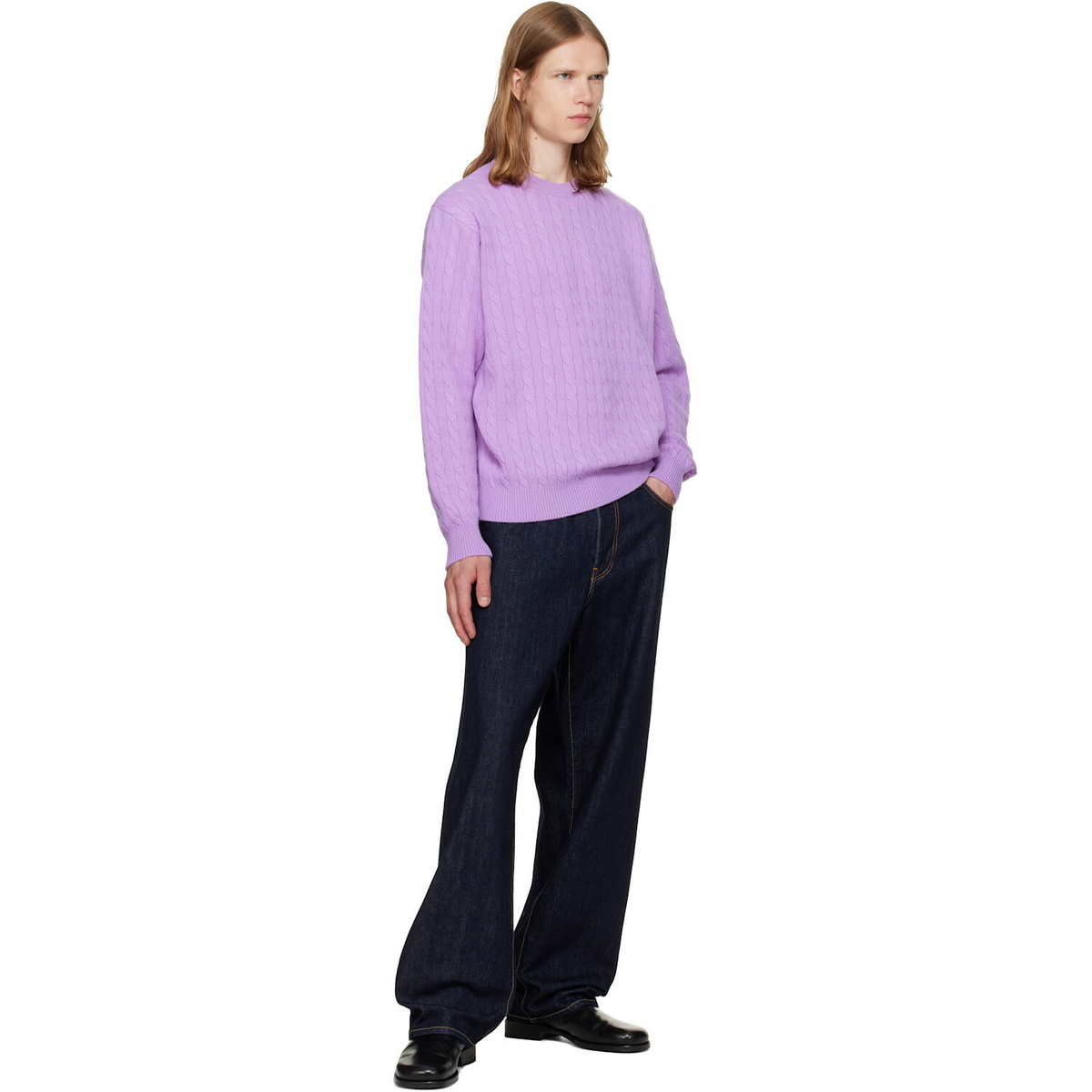 vowels Purple Cable Knit Crewneck Sweater