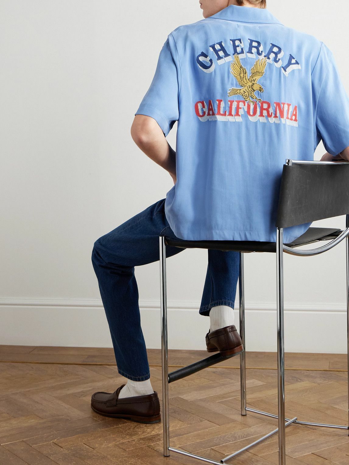 Cherry Los Angeles - Camp-Collar Embroidered Jersey Shirt - Blue
