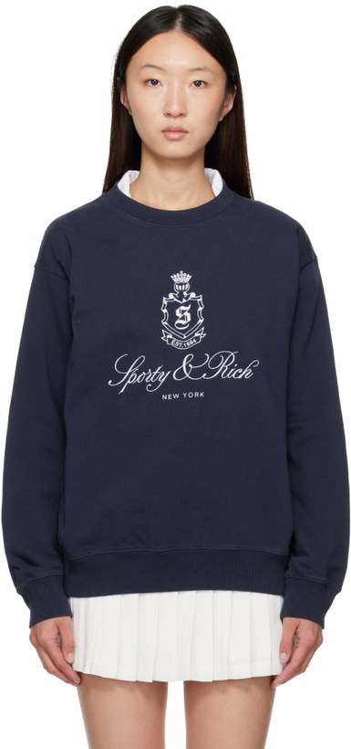 Photo: Sporty & Rich Navy Vendome Embroidered Crewneck Sweatshirt