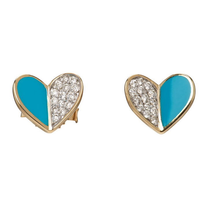 Photo: Adina Reyter Gold and Blue Ceramic Pave Folded Heart Earrings