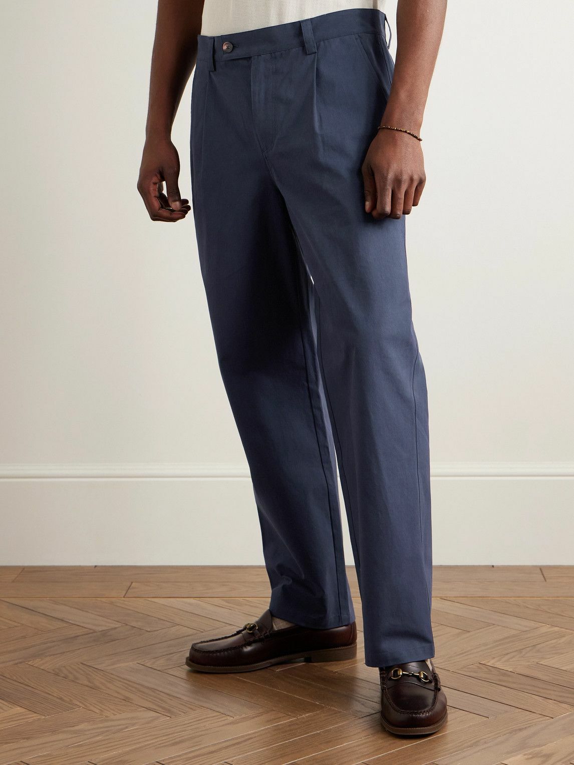 Corridor - Straight-Leg Pleated Cotton-Sateen Trousers - Blue