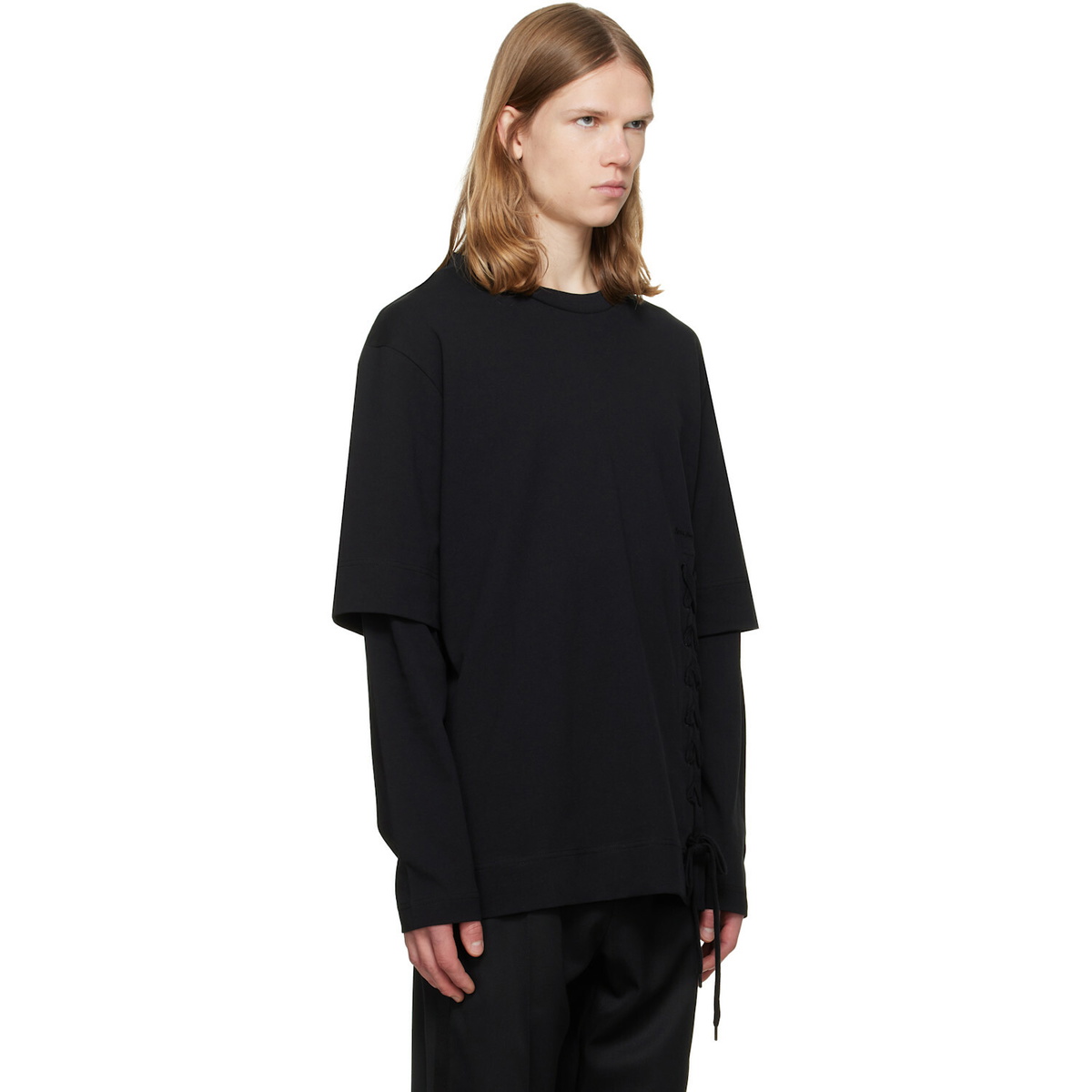 Simone Rocha Black Lace Up Hem Layered Long Sleeve T-shirt