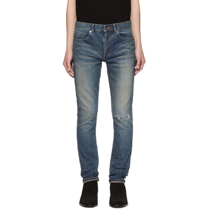 Photo: Saint Laurent Blue Ripped Low-Waisted Skinny Jeans 