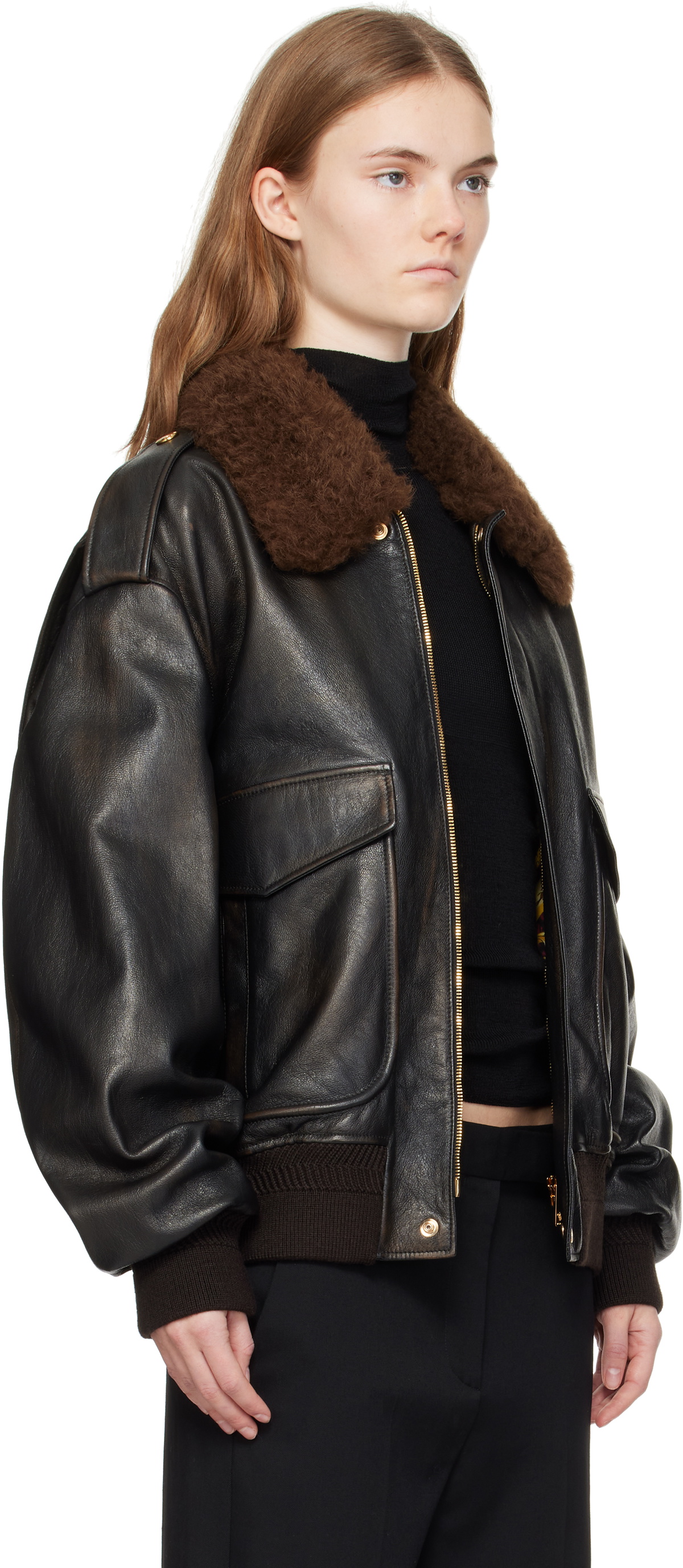 Versace Black Shearling Collar Leather Bomber Jacket Versace