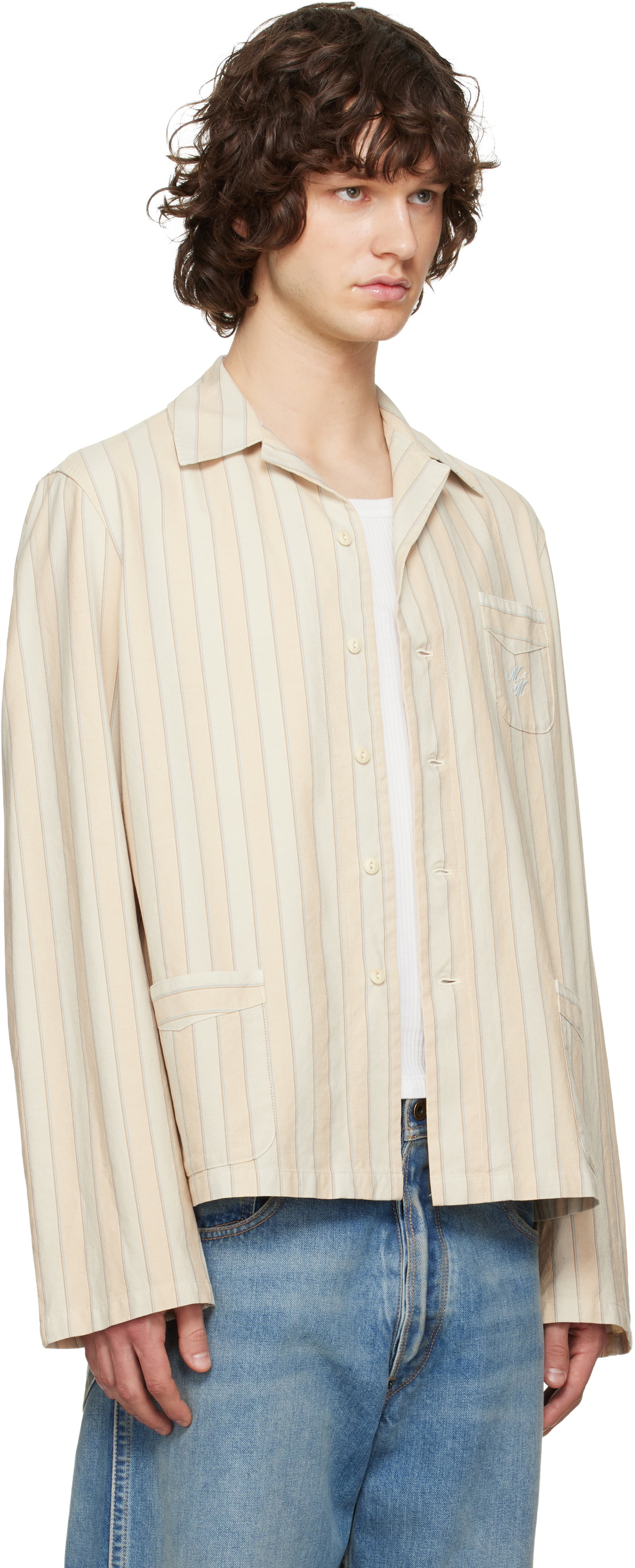 Maison Margiela Beige & Blue Cotton Striped Shirt