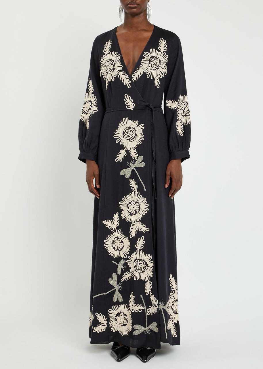 Forte_forte Embroidered Cotton and Wool-blend Maxi Wrap Dress Blue