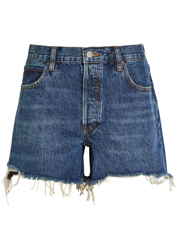 Photo: Frame The Long Hang Frayed Denim Shorts Navy
