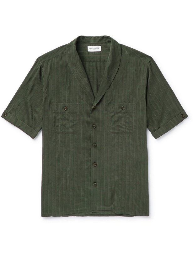 Photo: SAINT LAURENT - Shawl-Collar Striped Cotton-Blend Shirt - Green - EU 41