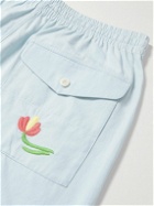 YMC - Straight-Leg Embroidered Cotton-Poplin Drawstring Shorts - Blue