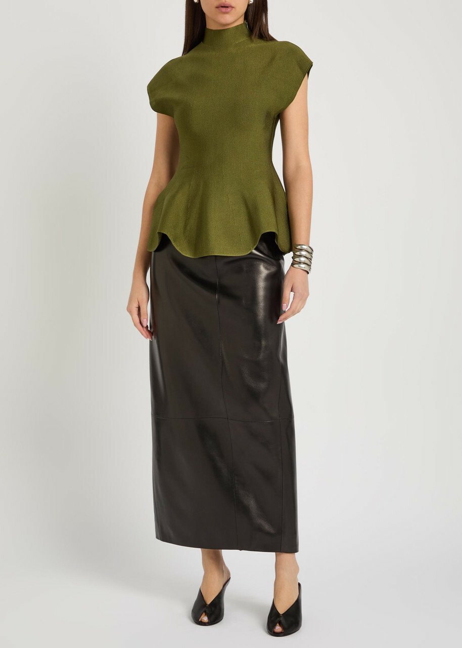Khaite Lyle Leather Midi Pencil Skirt Black