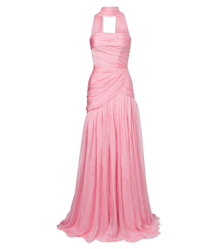 Photo: Monique Lhuillier Scarf-detail draped silk bustier gown