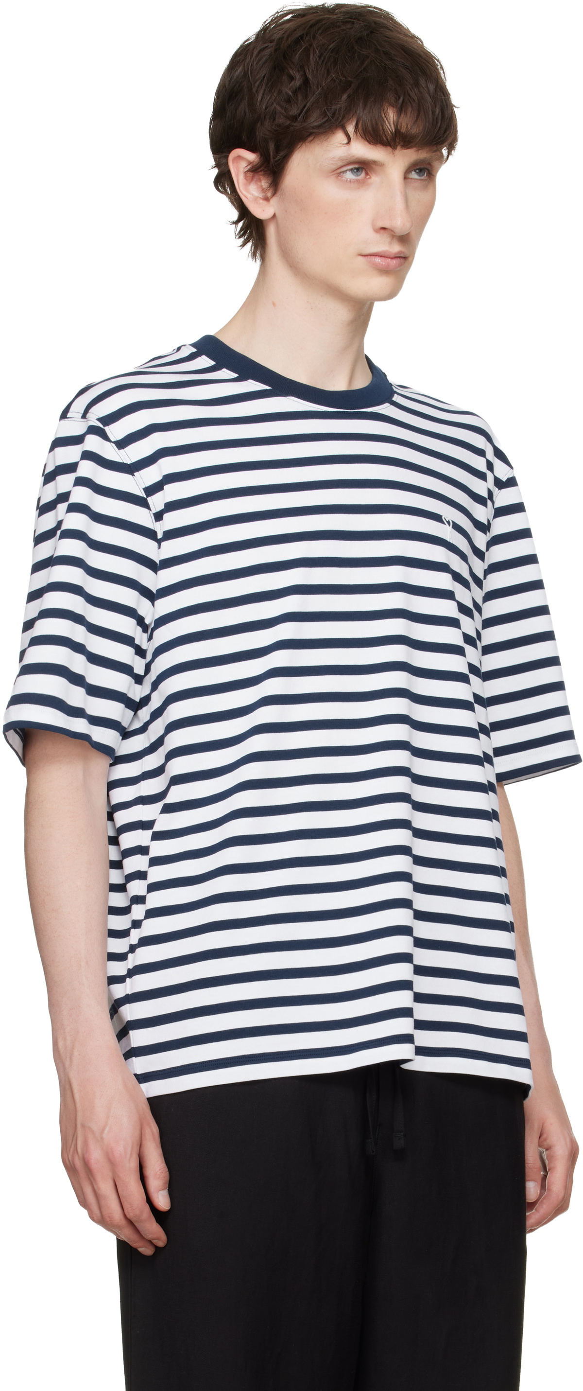 AMI Paris White & Navy Boxy Mariniere 'Ami de Coeur' T-shirt