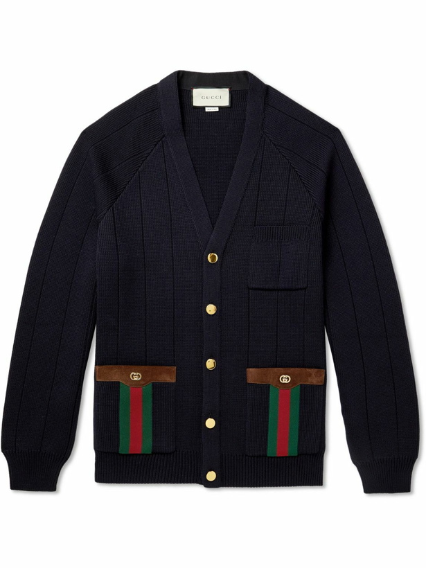 Photo: GUCCI - Horsebit Suede and Webbing-Trimmed Wool-Blend Cardigan - Blue