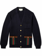 GUCCI - Horsebit Suede and Webbing-Trimmed Wool-Blend Cardigan - Blue