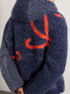 LOEWE - Leather-Trimmed Fleece-Jacquard Hooded Jacket - Blue
