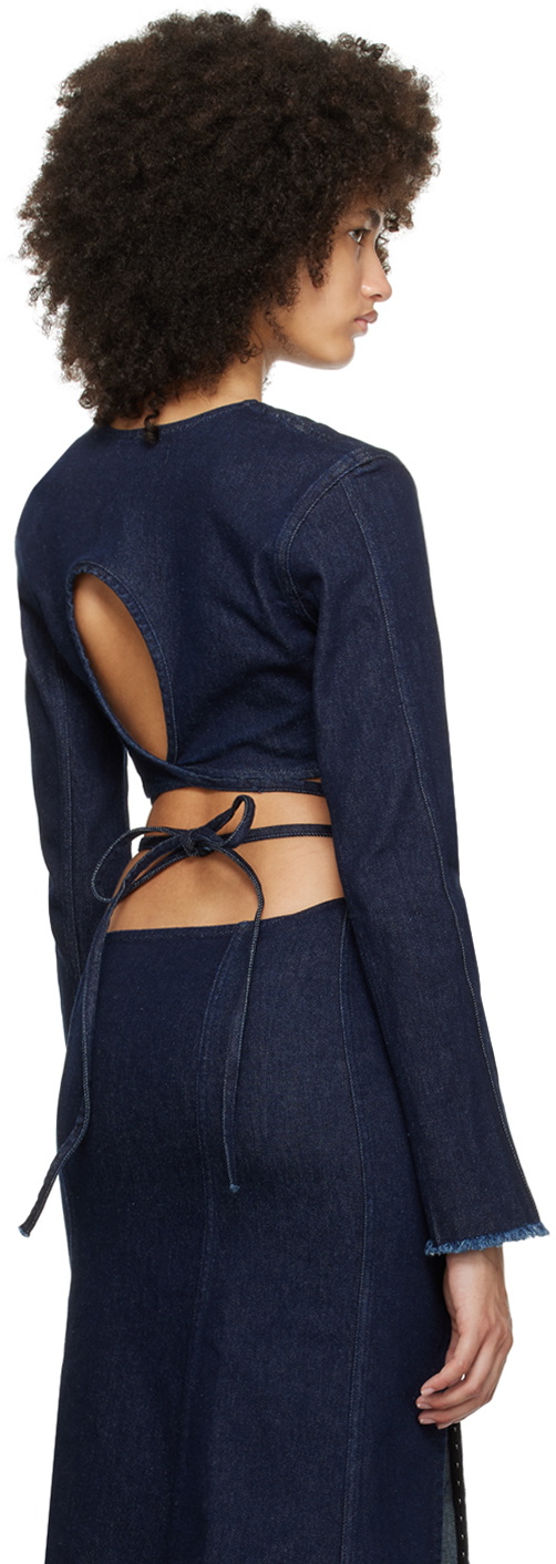 Jade Cropper Navy Hook-Eye Denim Long Sleeve T-Shirt