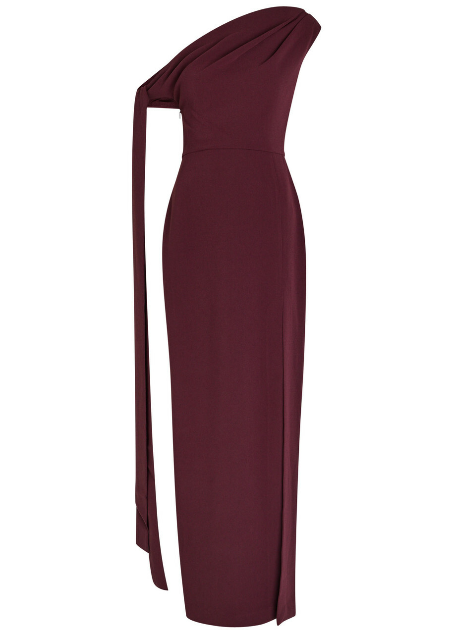 Solace London Irina Draped Crepe Maxi Dress Aubergine