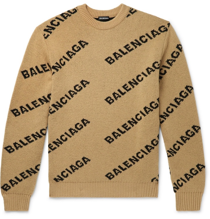 Photo: Balenciaga - Logo-Intarsia Virgin Wool-Blend Sweater - Neutrals