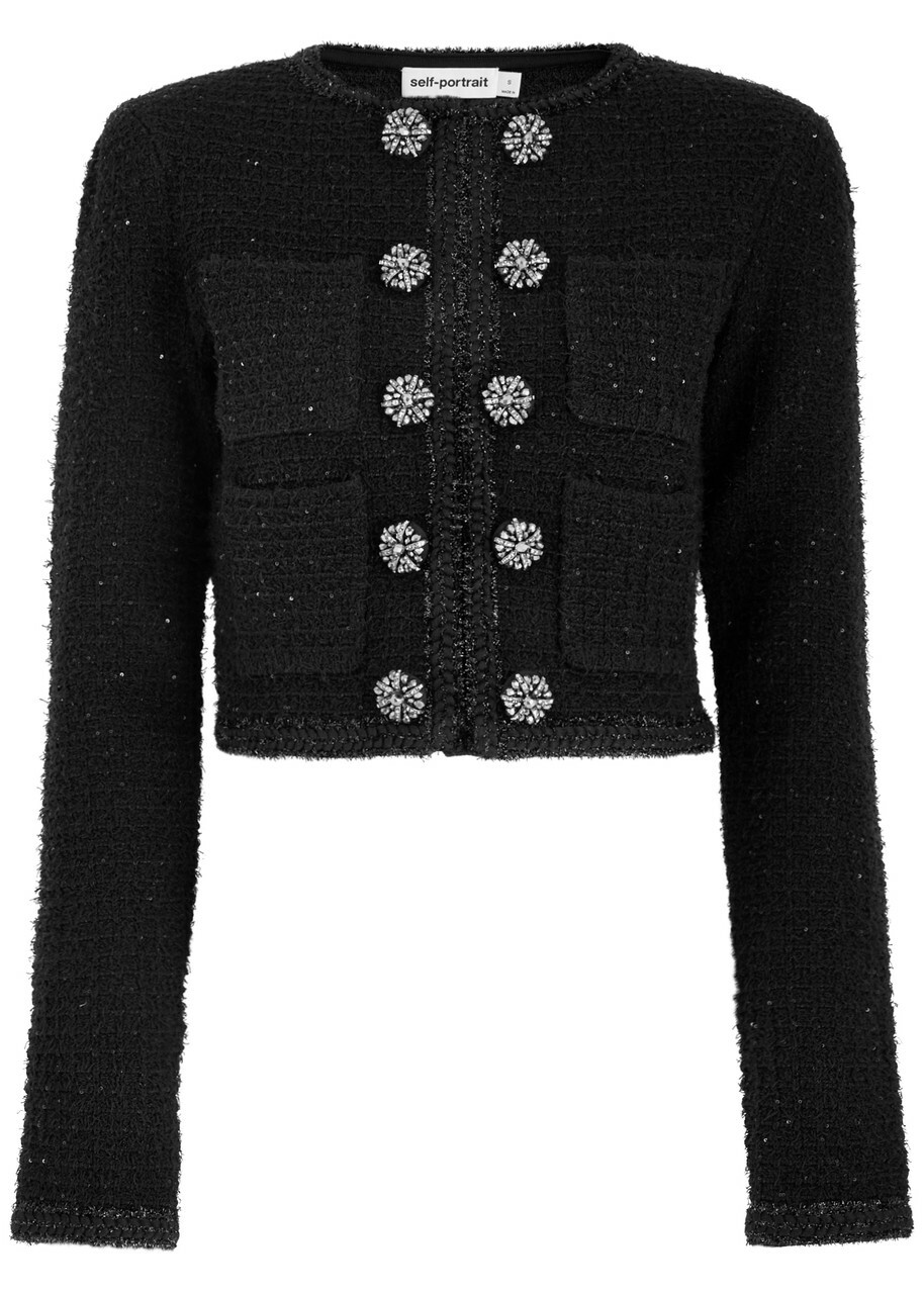 【GENERAL IDEA】Boucle Tweed Knit Jacket BLACK Self-portrait Embellished Bouclé Tweed Jacket Black Self
