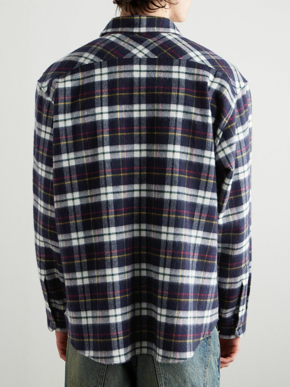 CELINE - Logo-Embroidered Checked Wool-Flannel Shirt - Blue