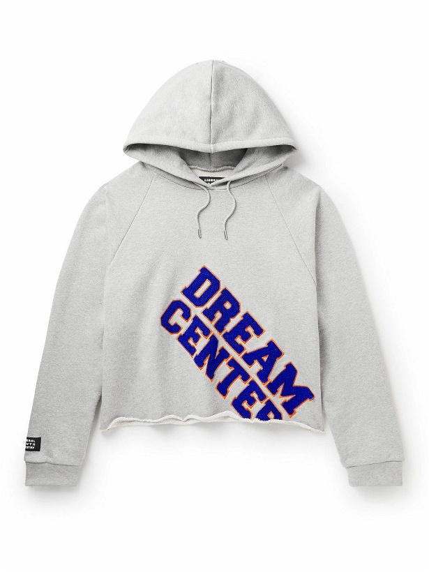 Photo: Liberal Youth Ministry - Distressed Embroidered Flocked Cotton-Jersey Hoodie - Gray