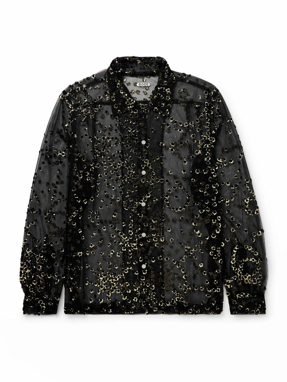 BODE - Metallic Appliquéd Tulle Shirt - Black Bode