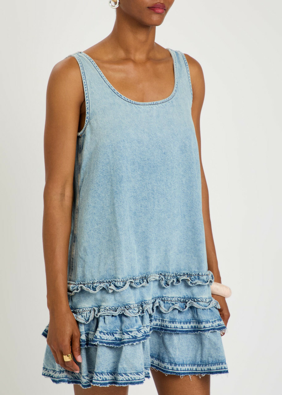 Ganni Frill Denim Mini Dress Light Blue