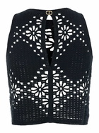 TwinSet Black Top With Knitted Design And All-over Floral Embroidery In Cotton Woman