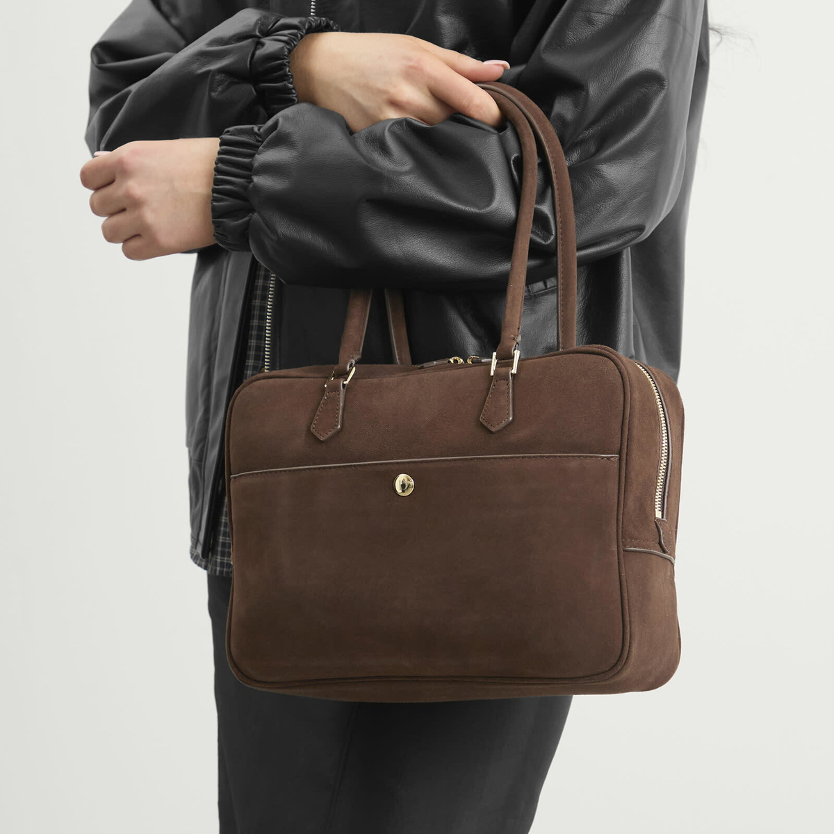 DUNST Women's Suede Shoulder Bag in Deep Brown 