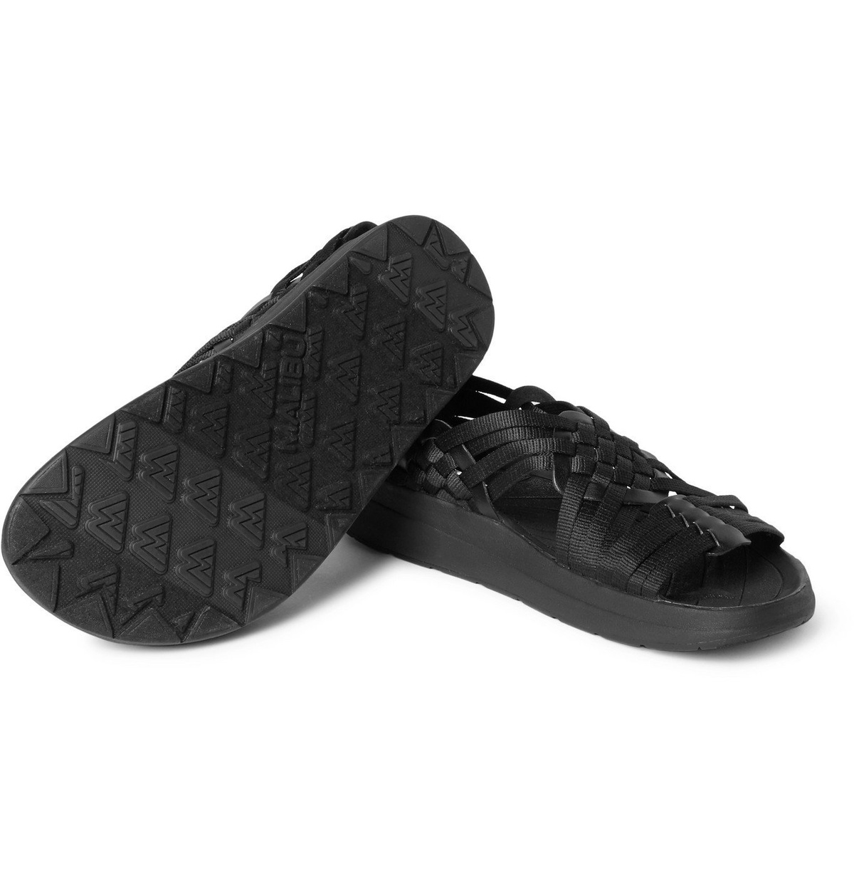 Malibu - Canyon Faux Leather-Trimmed Woven Webbing Sandals - Black