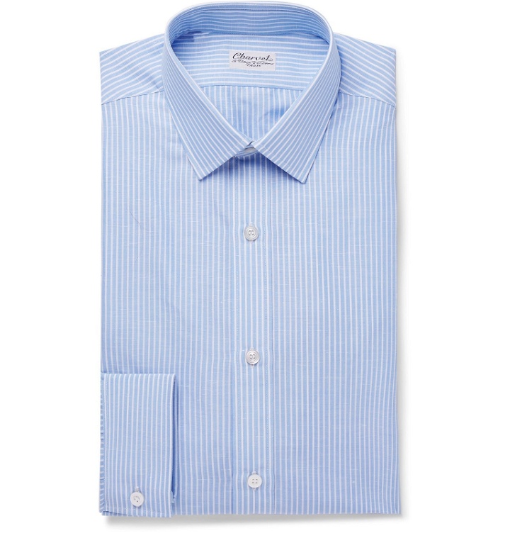 Photo: Charvet - Blue Striped Slub Cotton and Linen-Blend Shirt - Blue