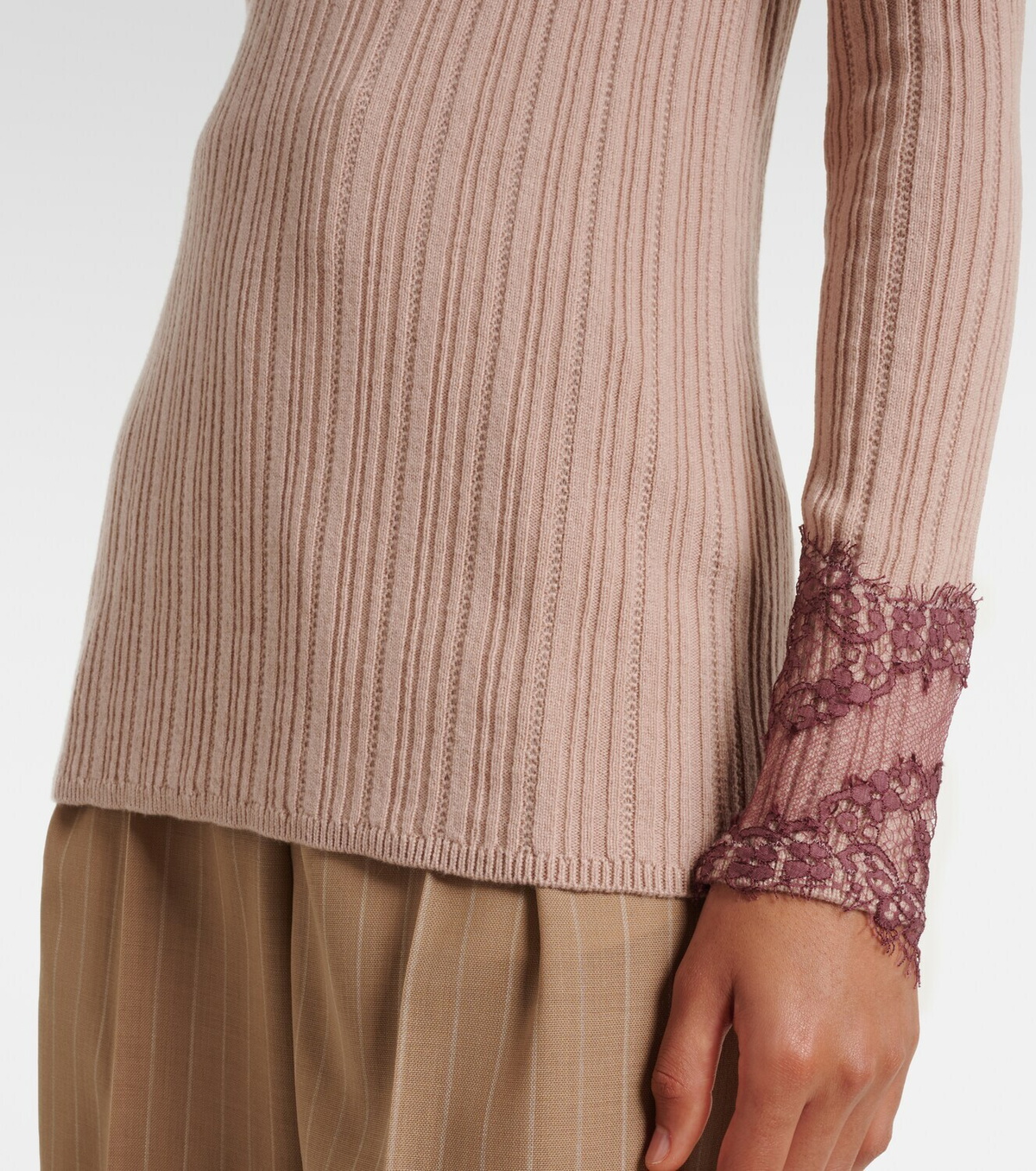 Valentino Gathered lace-trimmed cashmere sweater