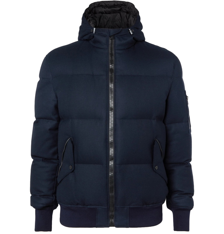 Photo: Aztech Mountain - Shadow Mountain Storm System Quilted Wool Hooded Down Ski Jacket - Blue