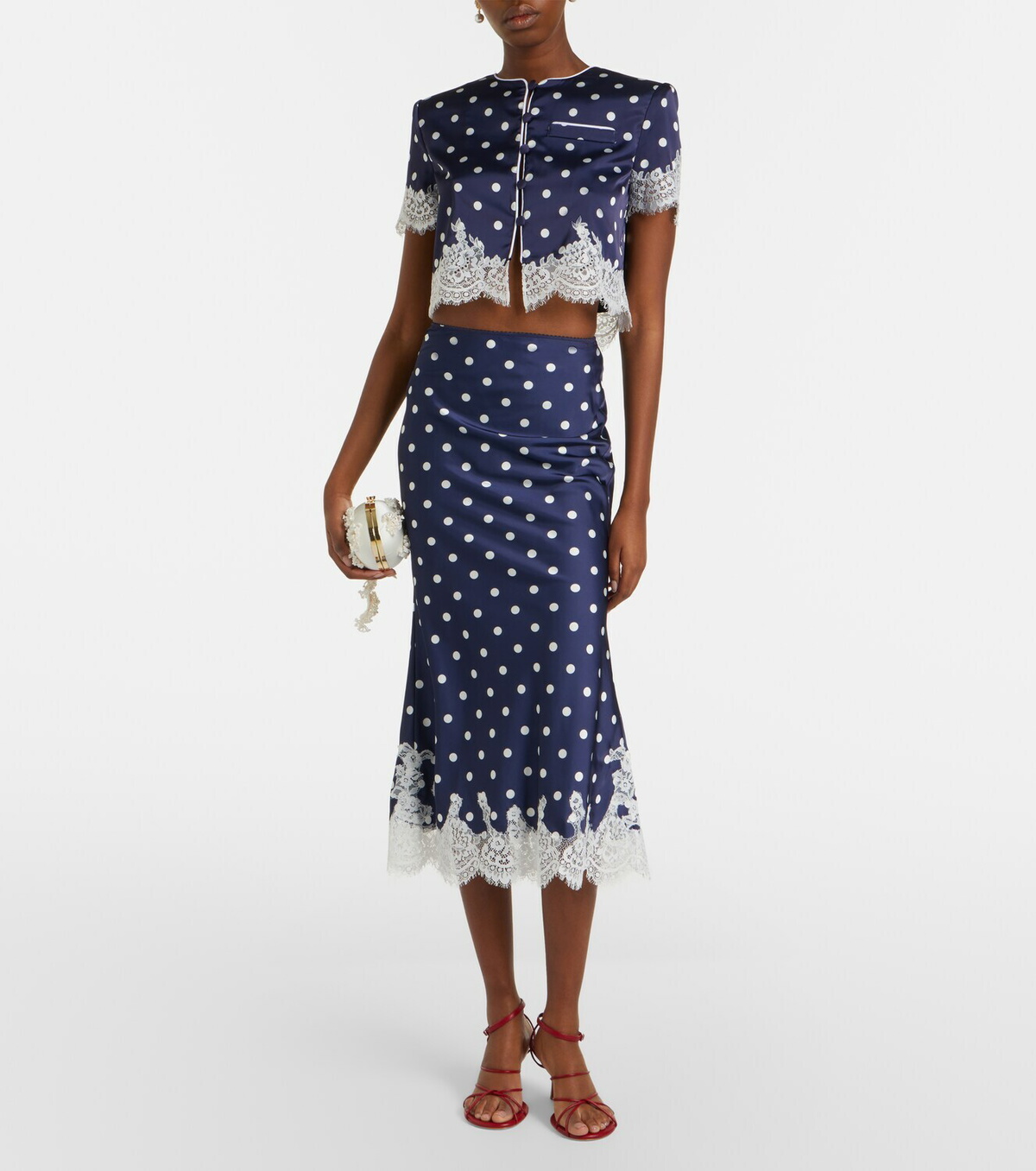 Self-Portrait Lace-trimmed polka-dot satin crop top