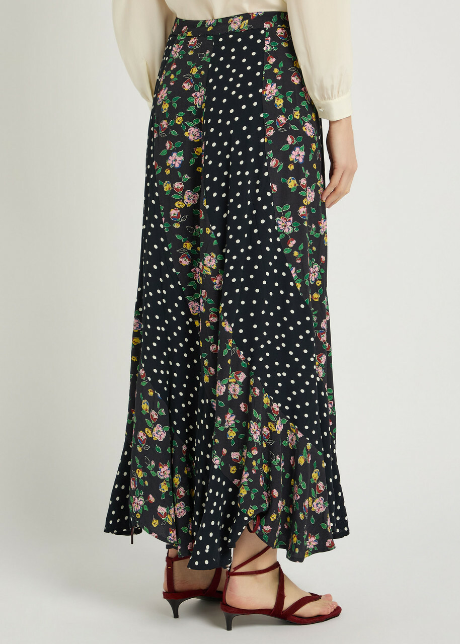 Rixo Gracella Panelled Polka dot and Floral Midi Skirt Black