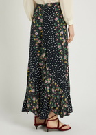 Rixo Gracella Panelled Polka dot and Floral Midi Skirt Black
