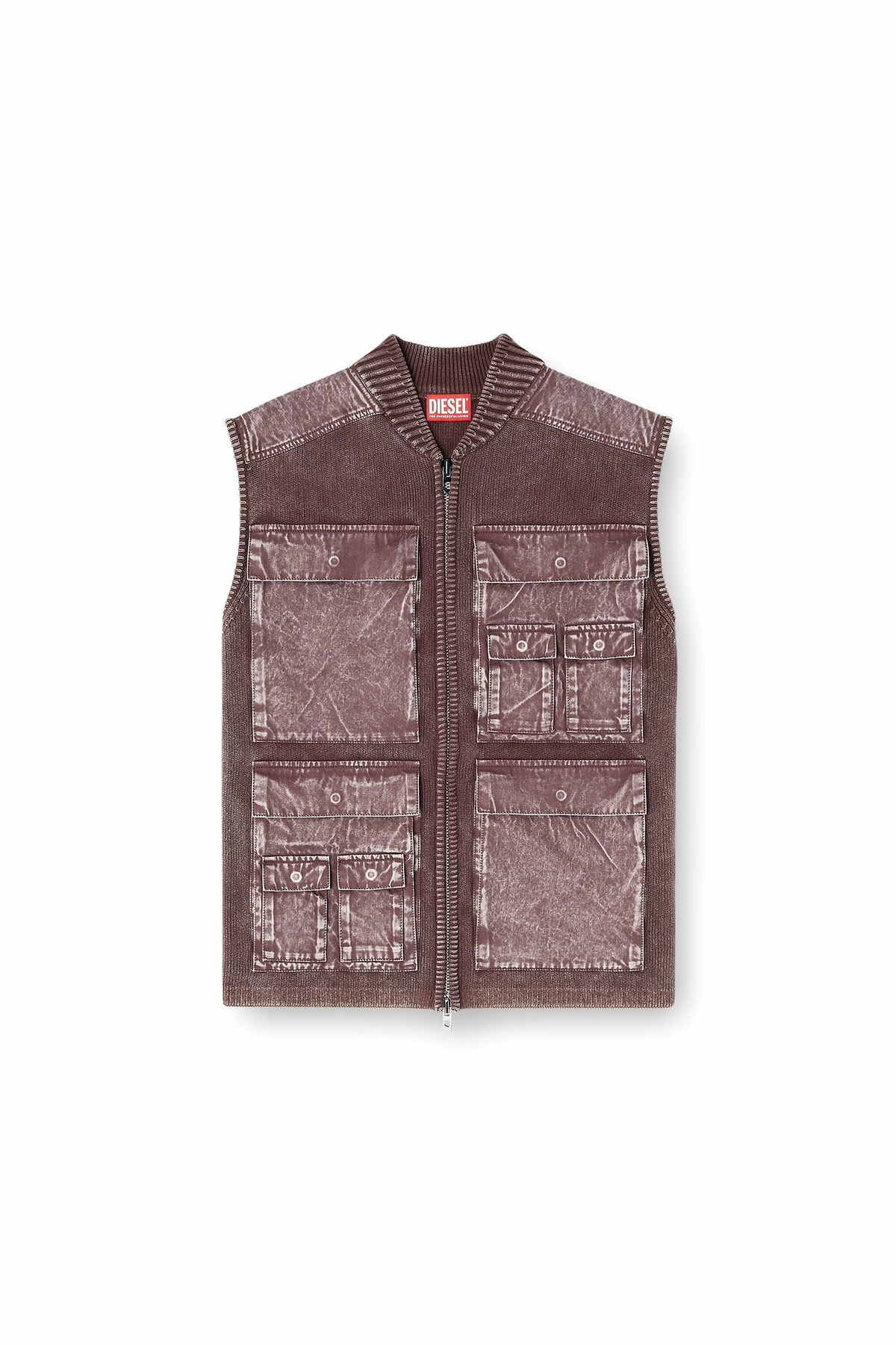 Diesel Zip-up knitted vest with cargo pockets - Knitwear Mens in Brown
