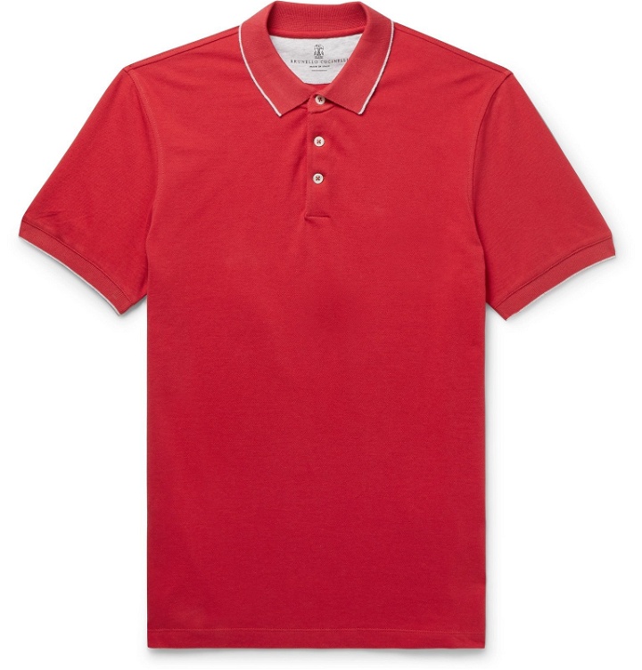 Photo: Brunello Cucinelli - Contrast-Tipped Cotton-Piqué Polo Shirt - Red