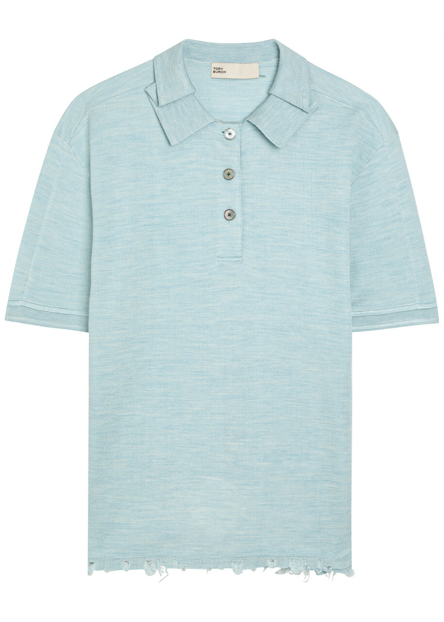 Tory Burch Distressed Silk-blend Polo top Light Blue